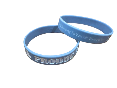 light blue silicone wristbands with white printed text, displayed on a clean white background.