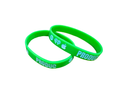 bright green silicone wristbands with white printed logos and the word 'PRODUC' on a plain white background.